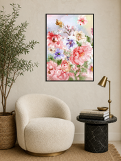 Impressionist Pastel Floral Wall Art Print - black framed