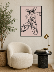 Ballet Pointe Shoes Wall Art Print on Blush Pink - black framed