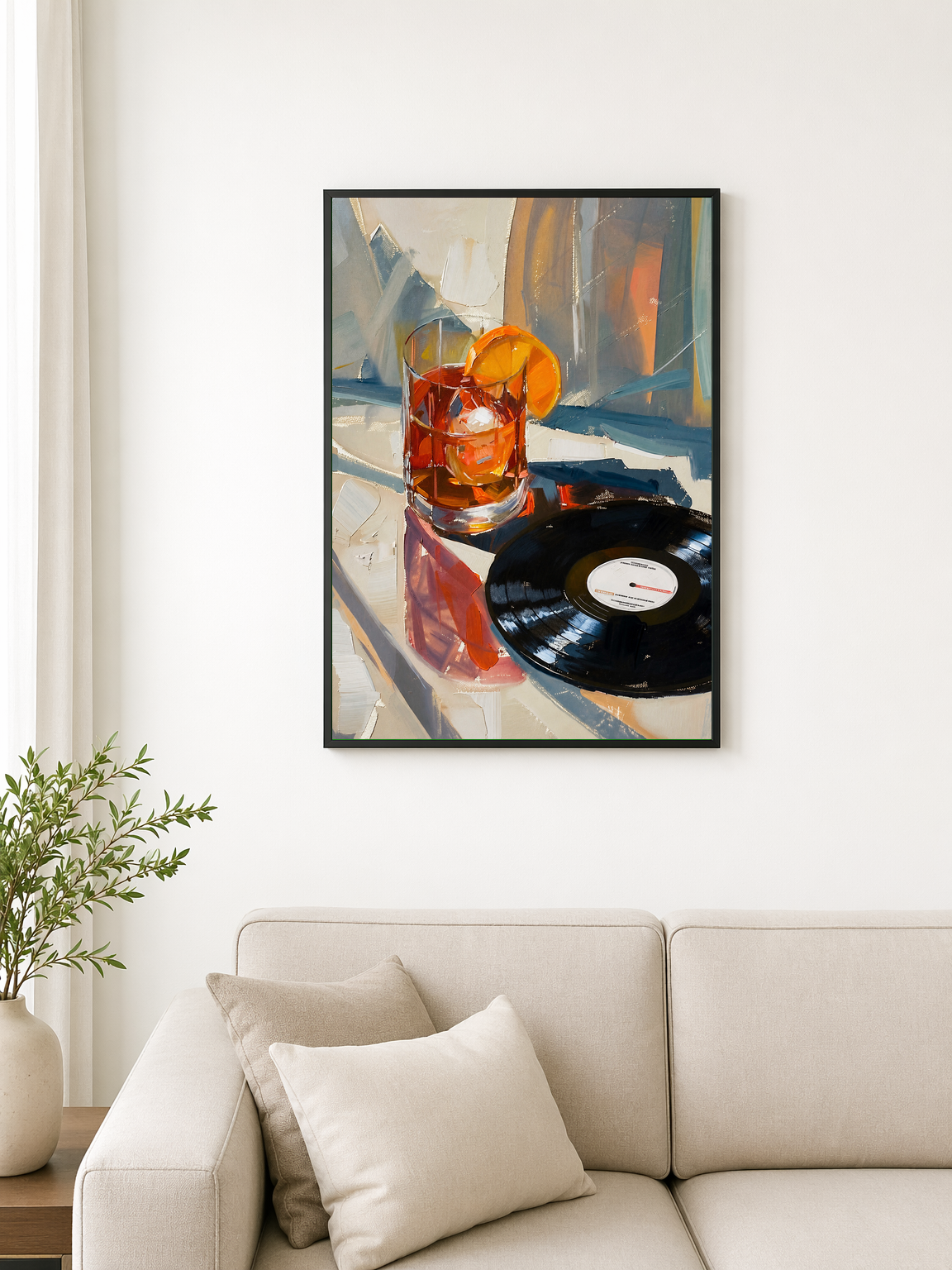 Cocktail & Vinyl Record Wall Art Print - black framed