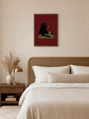 Black Dog with Whiskey Wall Art Print - dark wood framed