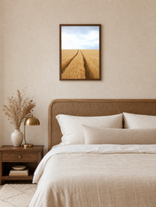 Golden Wheat Field Path Wall Art Print - dark wood framed