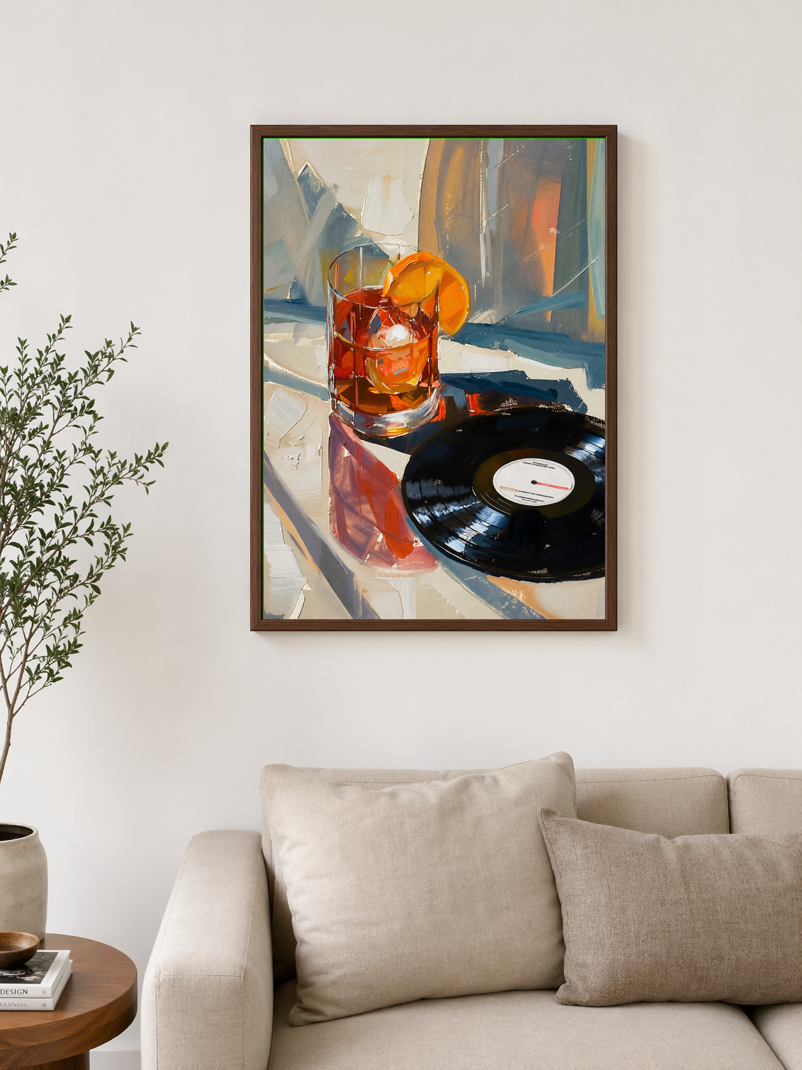 Cocktail & Vinyl Record Wall Art Print - dark wood framed