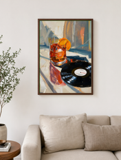 Cocktail & Vinyl Record Wall Art Print - dark wood framed