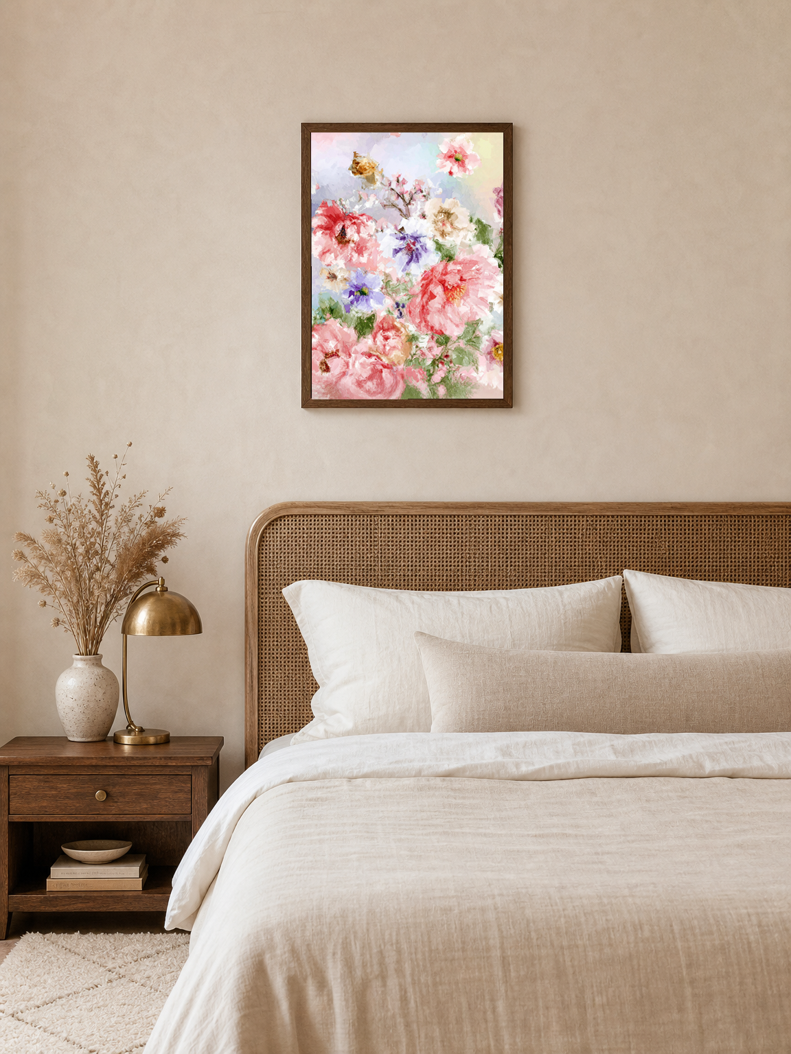 Impressionist Pastel Floral Wall Art Print - dark wood framed