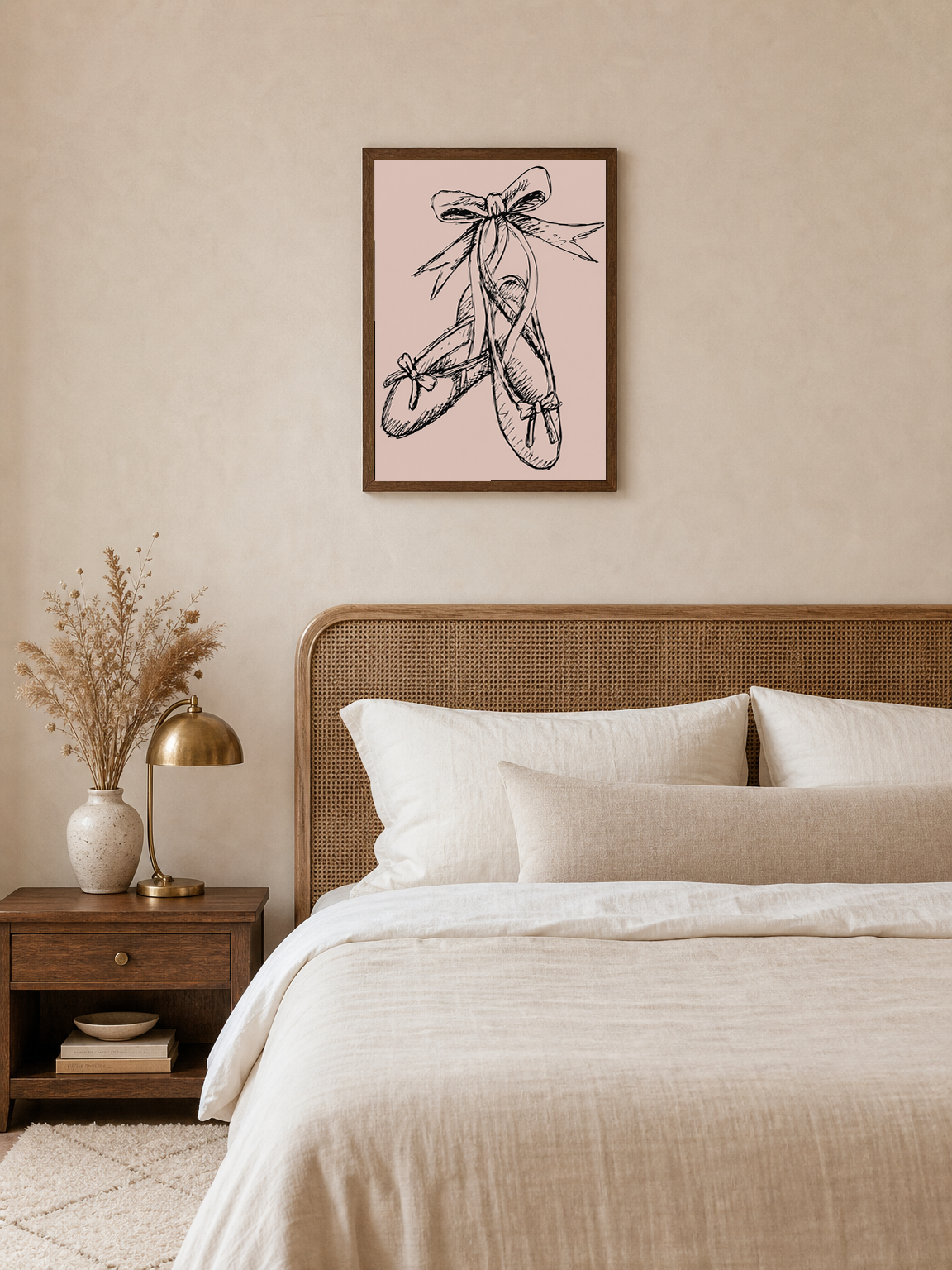 Ballet Pointe Shoes Wall Art Print on Blush Pink - dark wood framed