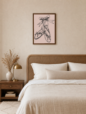 Ballet Pointe Shoes Wall Art Print on Blush Pink - dark wood framed