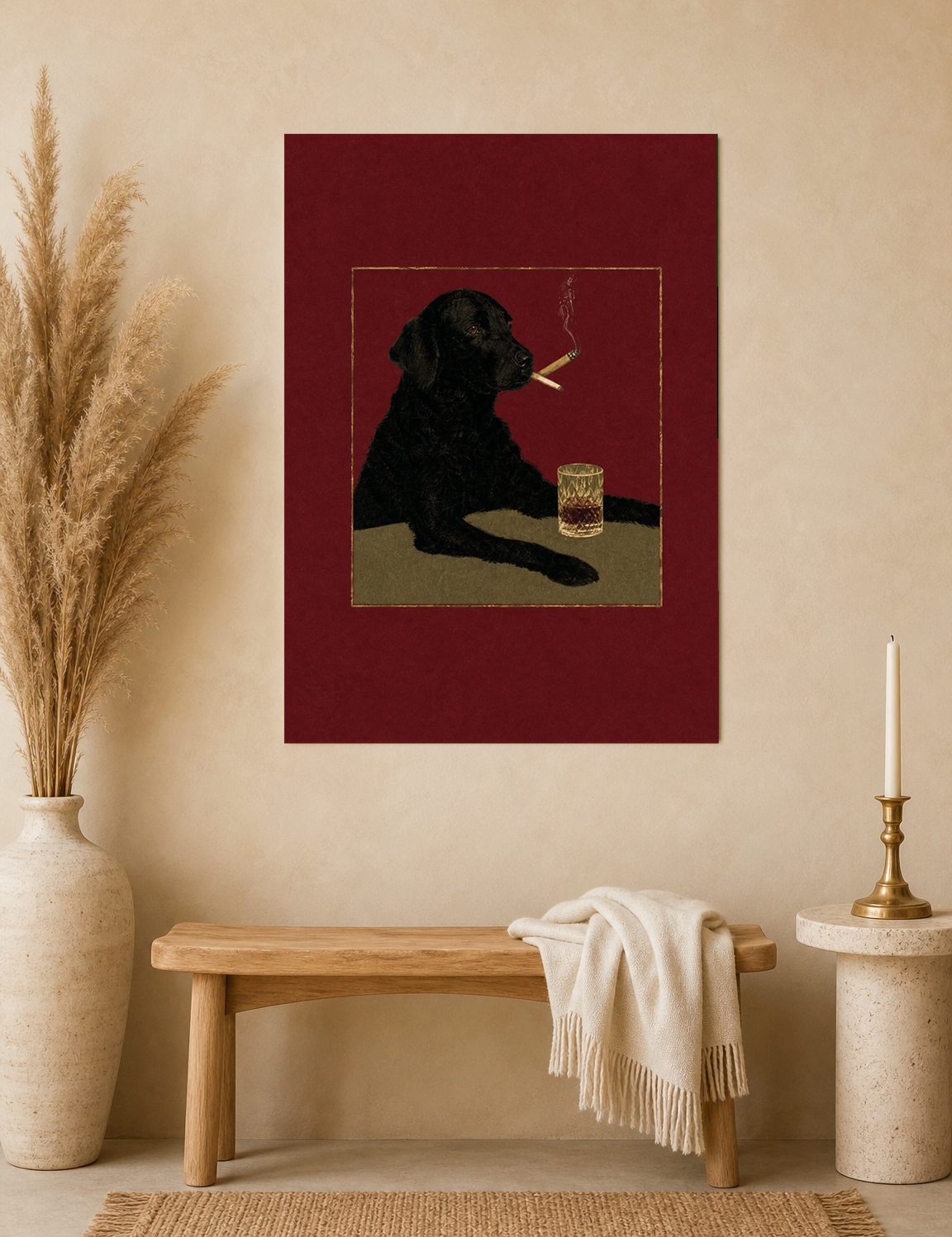 Black Dog with Whiskey Wall Art Print - unframed mockup