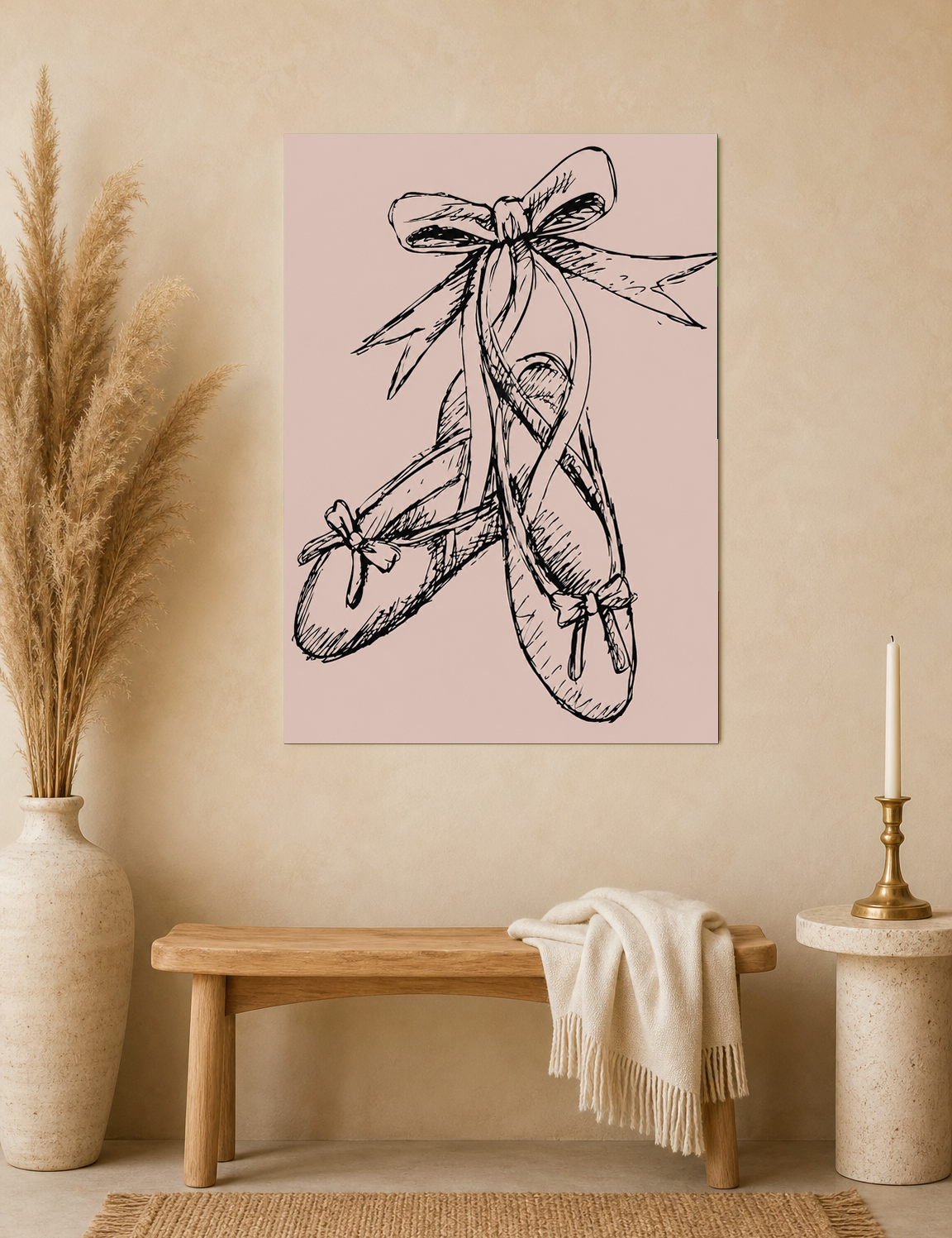 Ballet Pointe Shoes Wall Art Print on Blush Pink - unframed mockup
