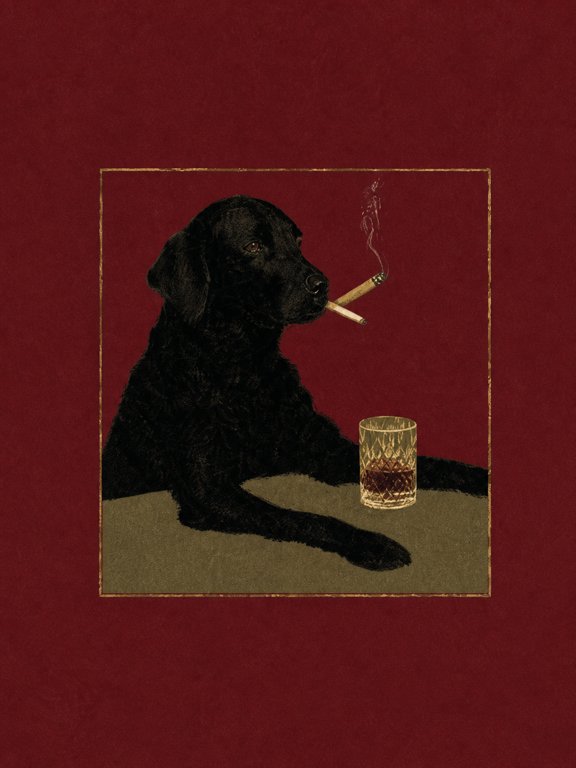 Black Dog with Whiskey Wall Art Print - unframed