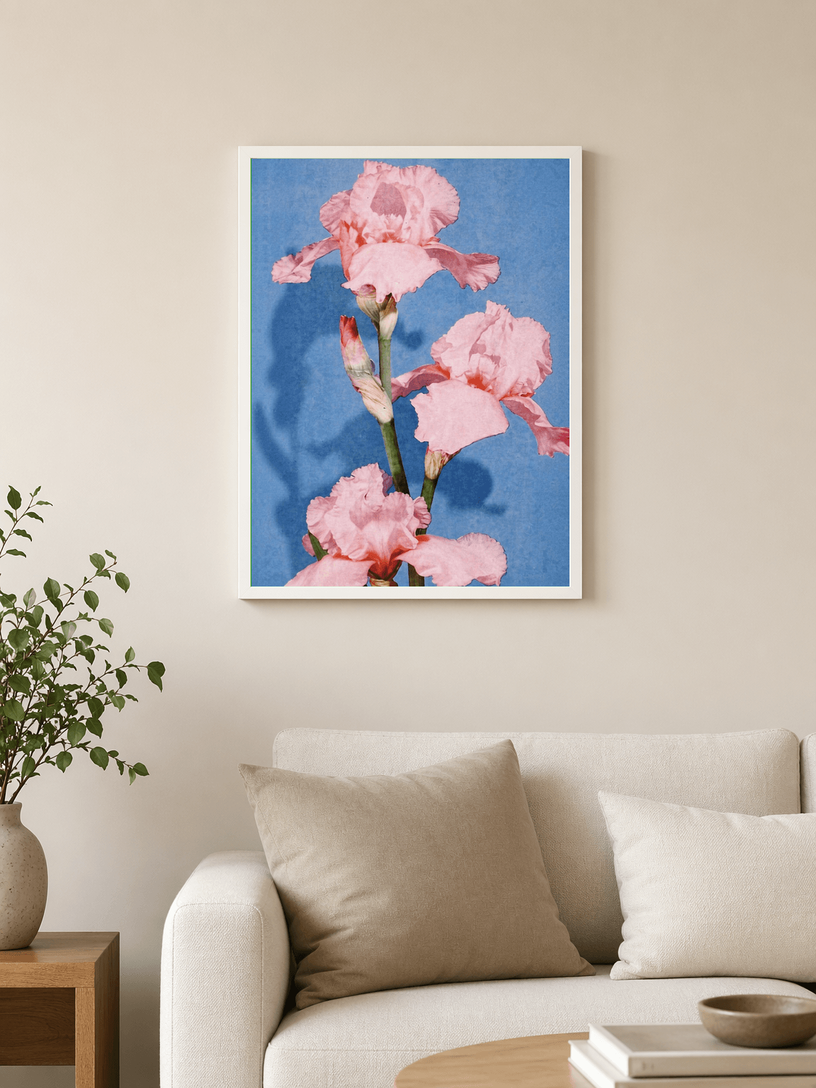 Pink Iris Flower Wall Art Print on Blue Background - white framed