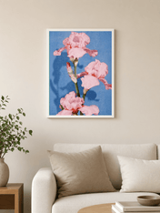 Pink Iris Flower Wall Art Print on Blue Background - white framed