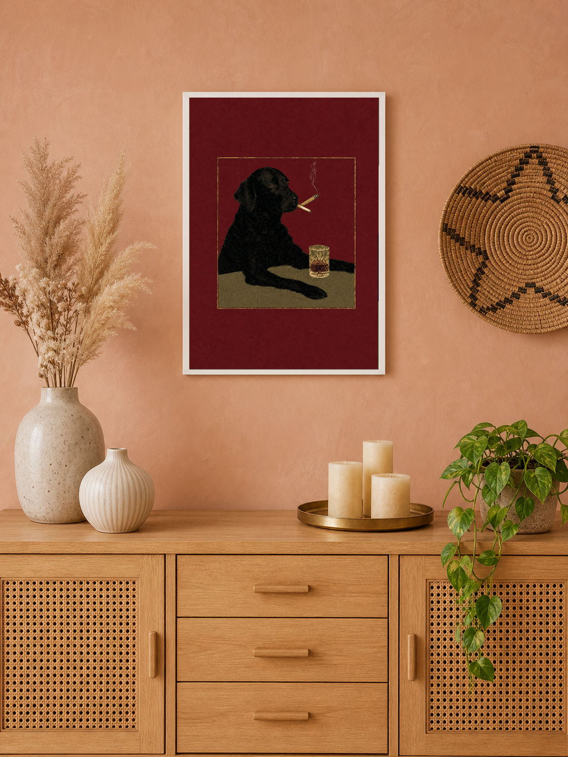 Black Dog with Whiskey Wall Art Print - white framed