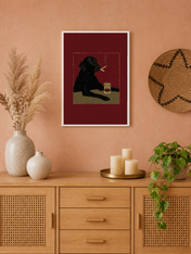 Black Dog with Whiskey Wall Art Print - white framed