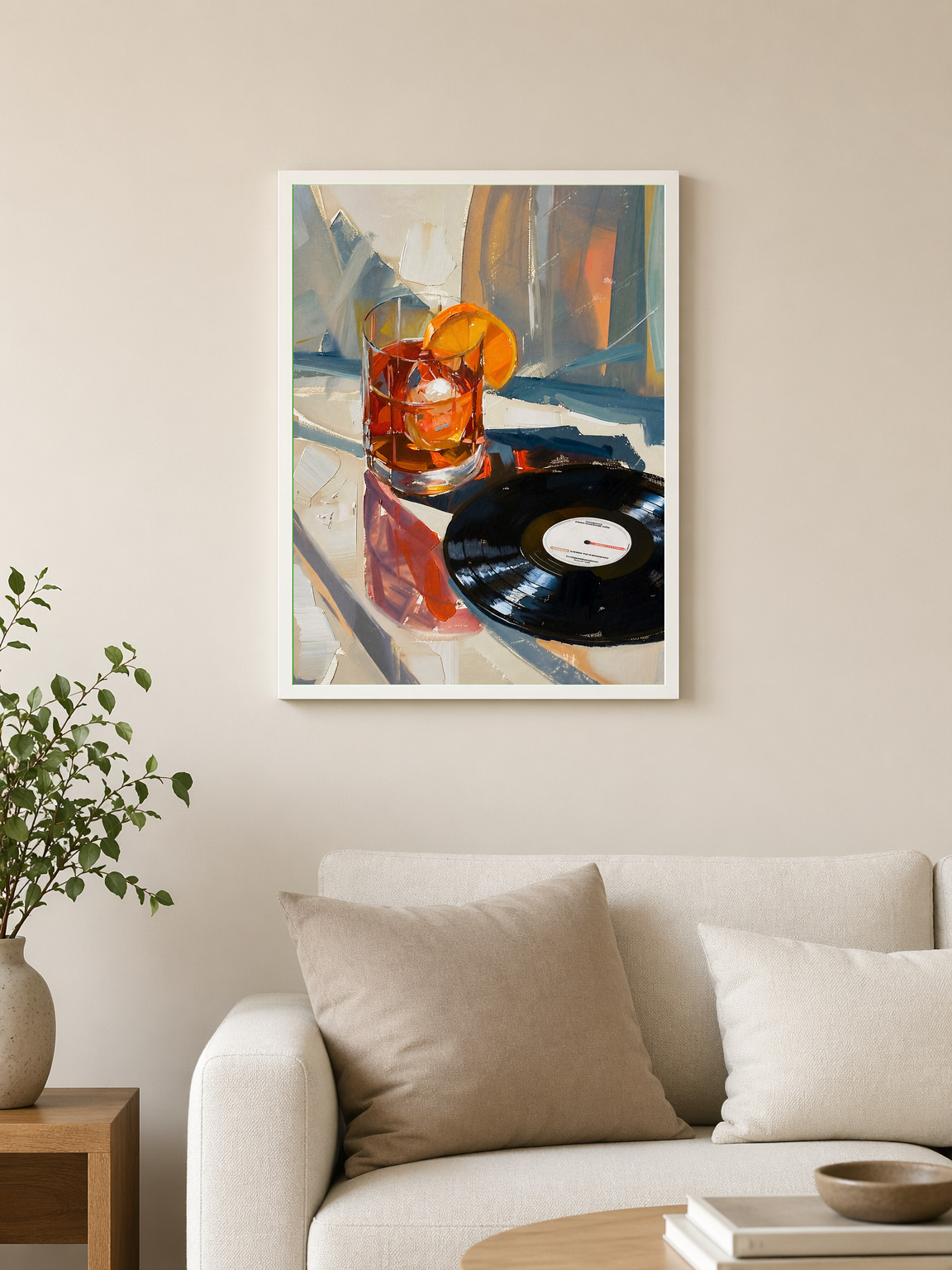 Cocktail & Vinyl Record Wall Art Print - white framed