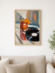 Cocktail & Vinyl Record Wall Art Print - wood framed poster