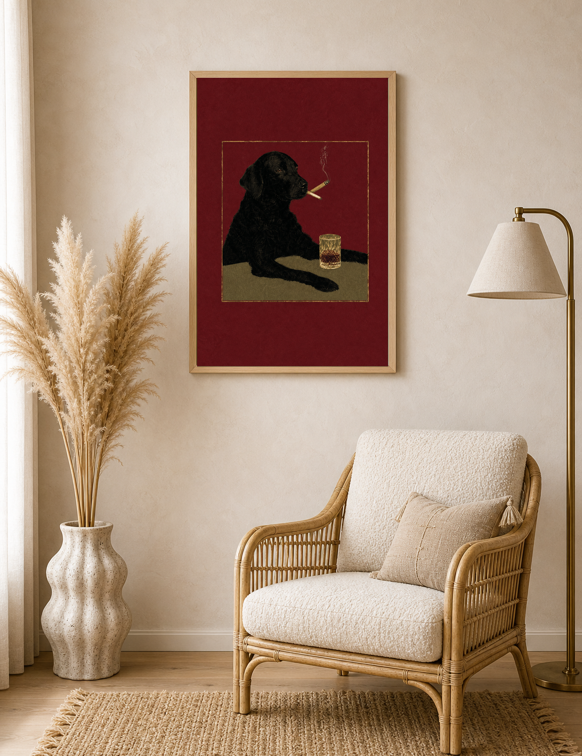 Black Dog with Whiskey Wall Art Print - wood framed poster