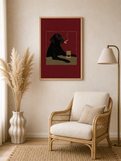 Black Dog with Whiskey Wall Art Print - wood framed poster