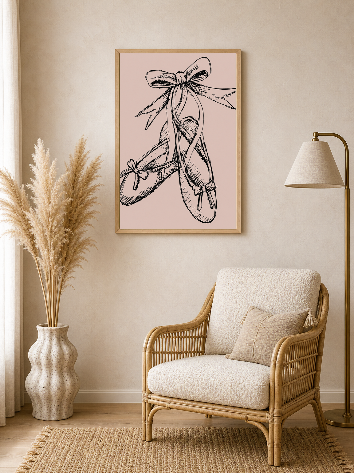 Ballet Pointe Shoes Wall Art Print on Blush Pink - wood framed poster