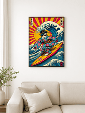 Retro Geisha Surfing Wave Wall Art Print - black framed