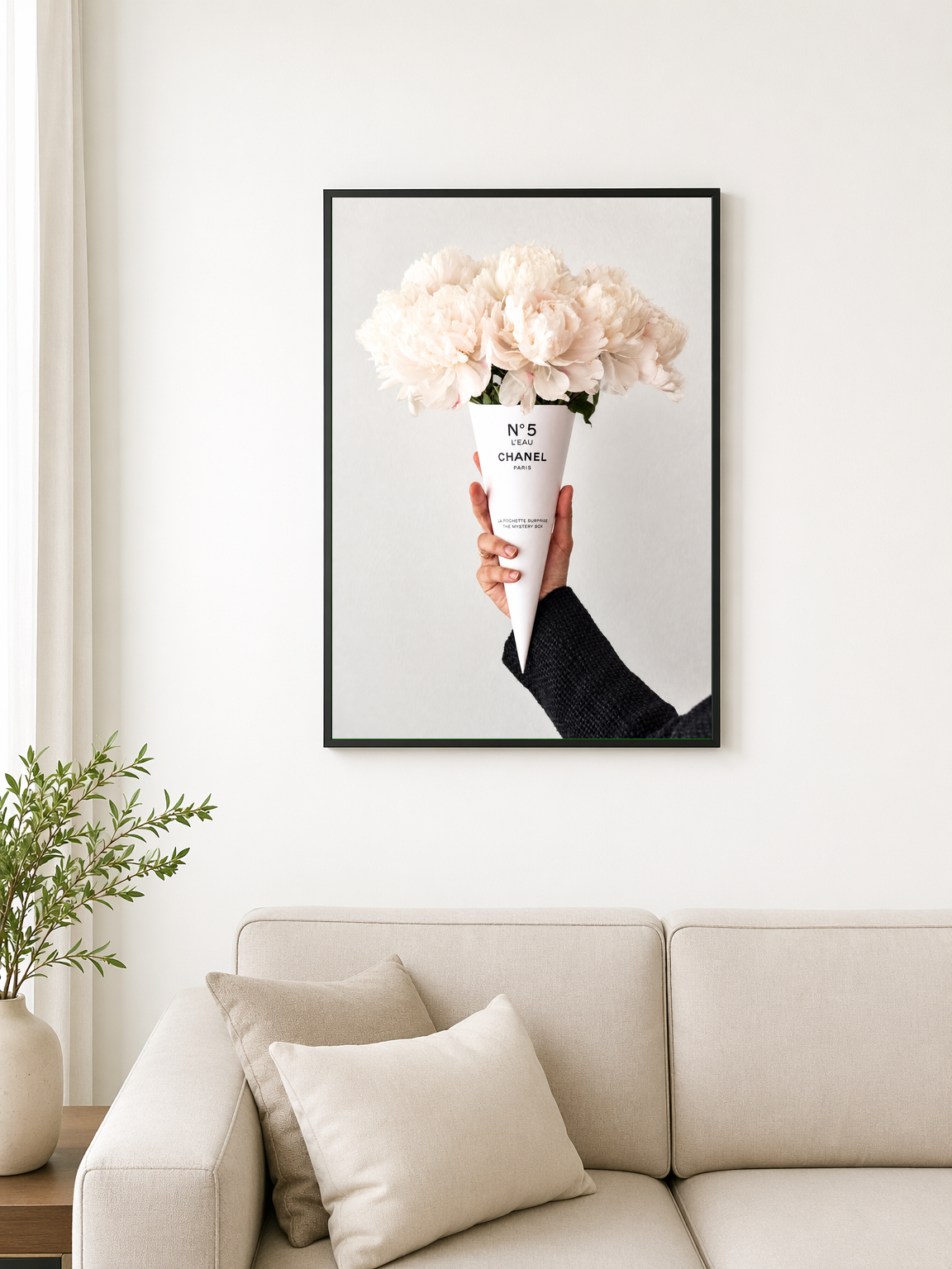 No.5 Peony Bouquet Wall Art Print - black framed