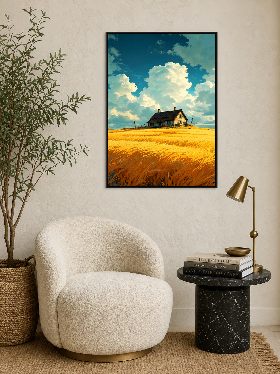 Golden Wheat Field Cottage Wall Art Print - black framed