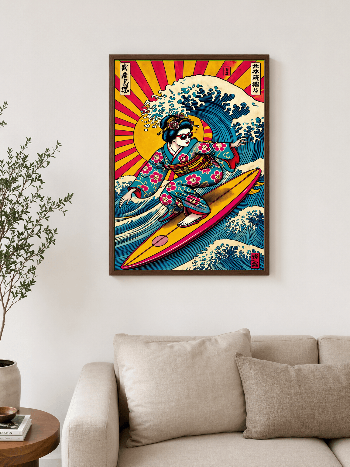 Retro Geisha Surfing Wave Wall Art Print - dark wood framed