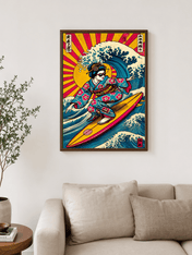 Retro Geisha Surfing Wave Wall Art Print - dark wood framed
