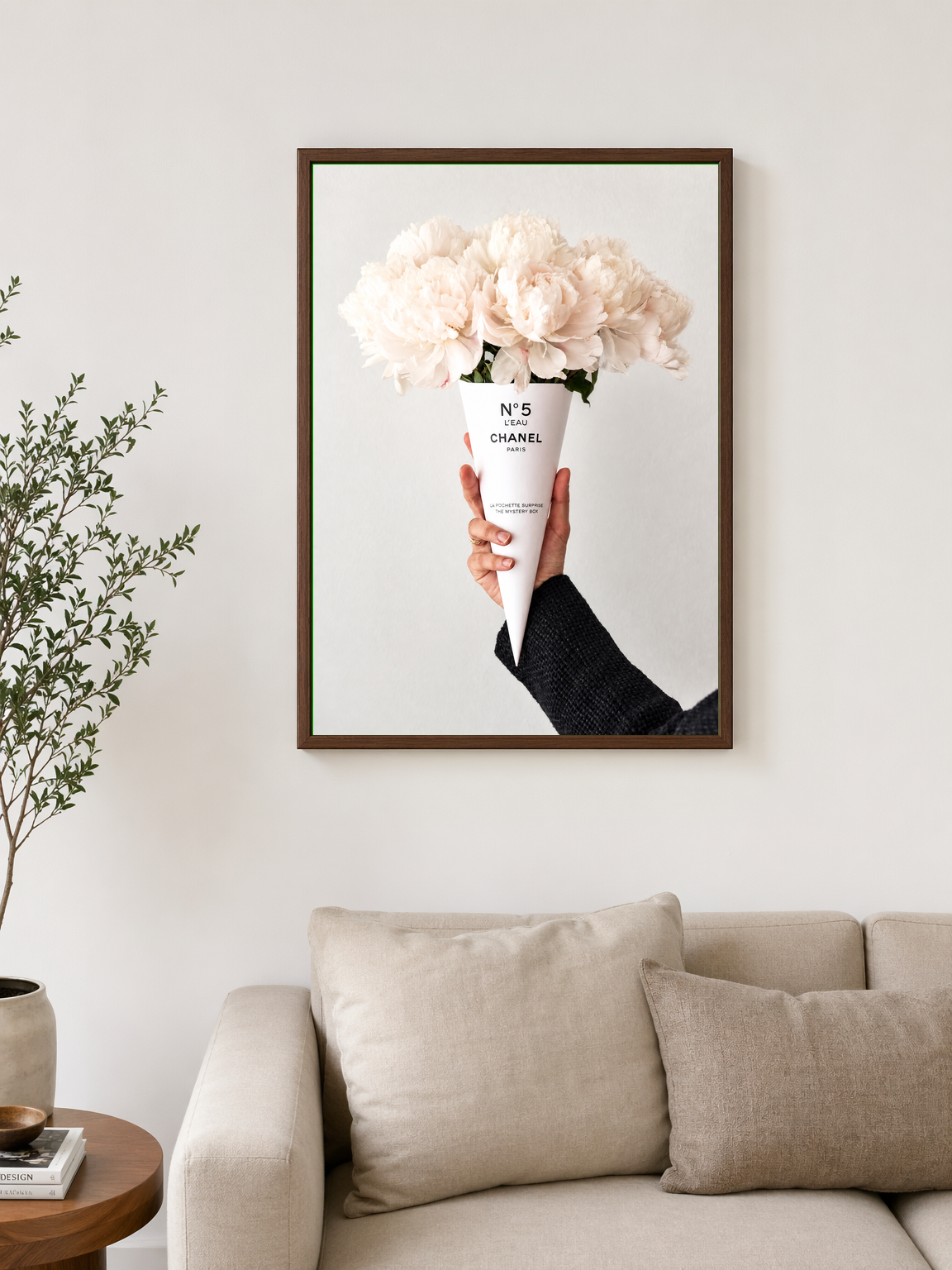 No.5 Peony Bouquet Wall Art Print - dark wood framed