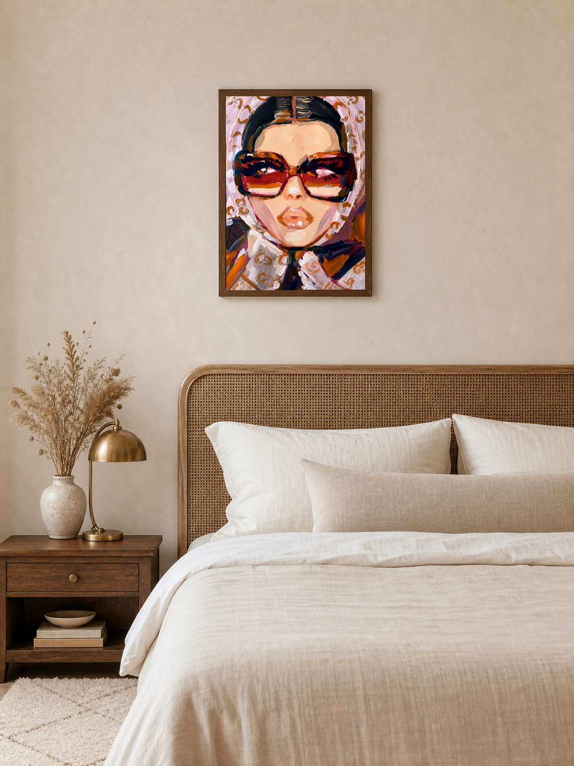 Glam Fashion Portrait Wall Art Print - dark wood framed
