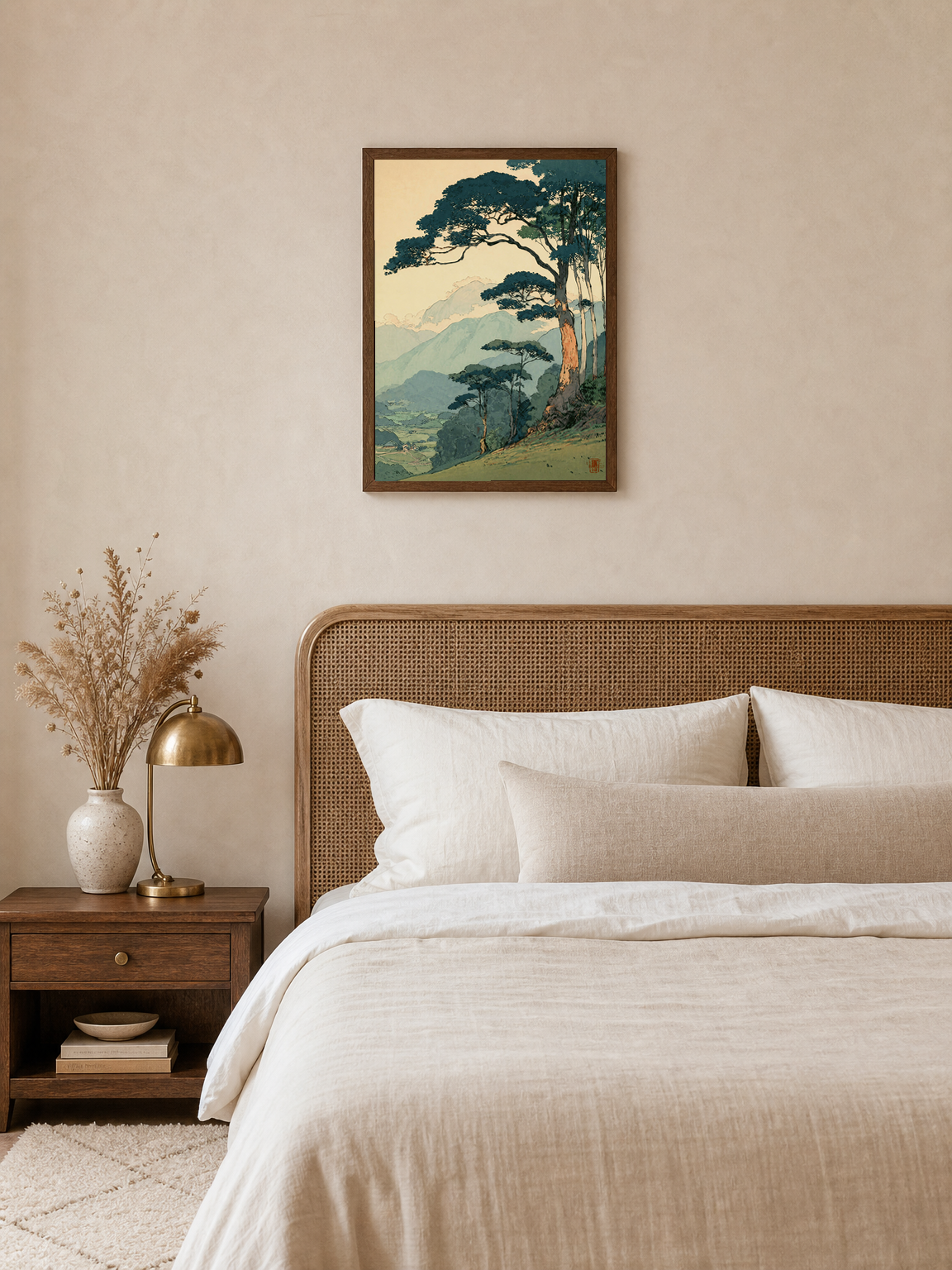 Japanese Mountain Landscape Wall Art Print - dark wood framed