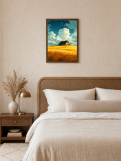 Golden Wheat Field Cottage Wall Art Print - dark wood framed