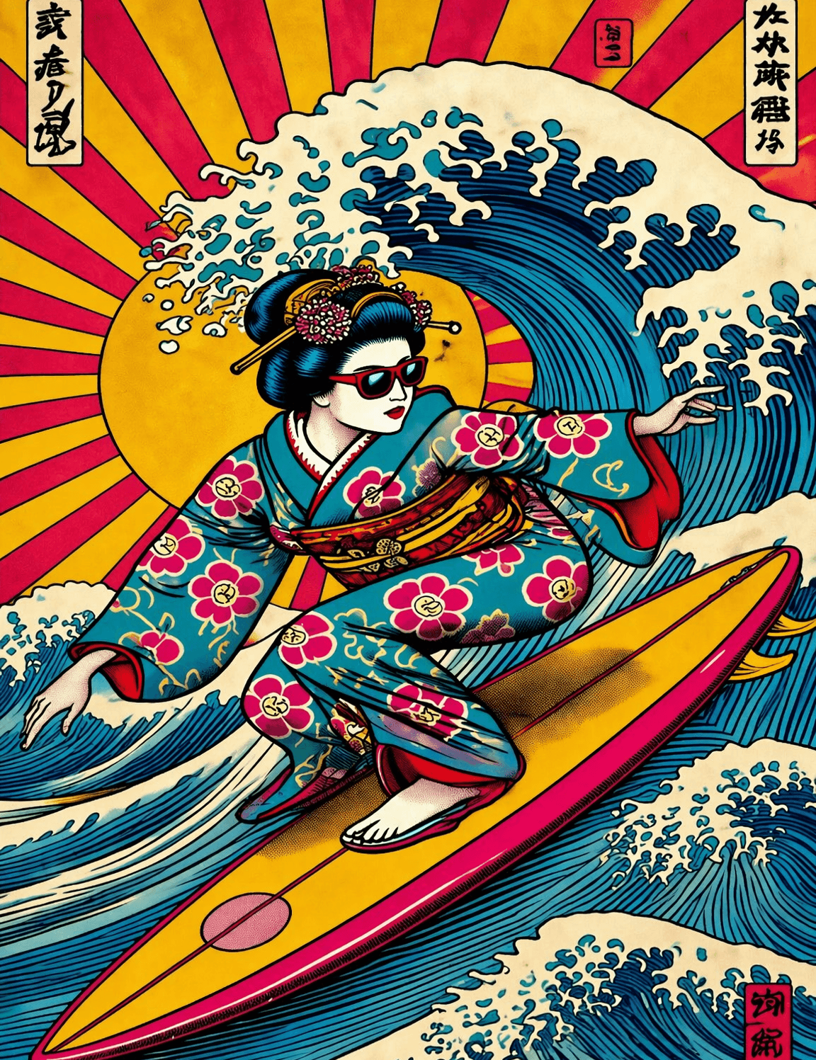 Retro Geisha Surfing Wave Wall Art Print - unframed
