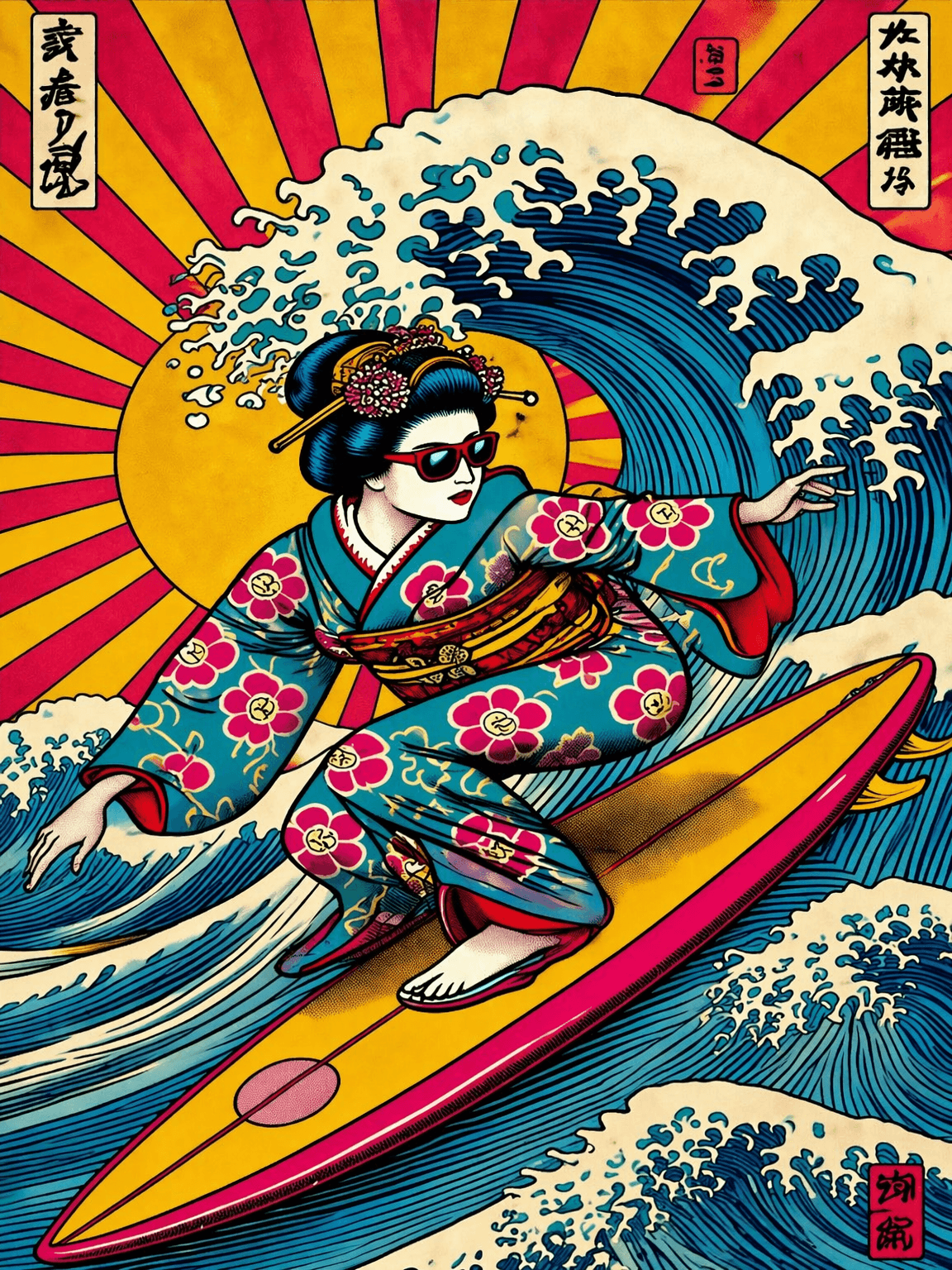 Retro Geisha Surfing Wave Wall Art Print - unframed