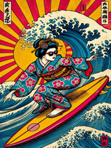 Retro Geisha Surfing Wave Wall Art Print
