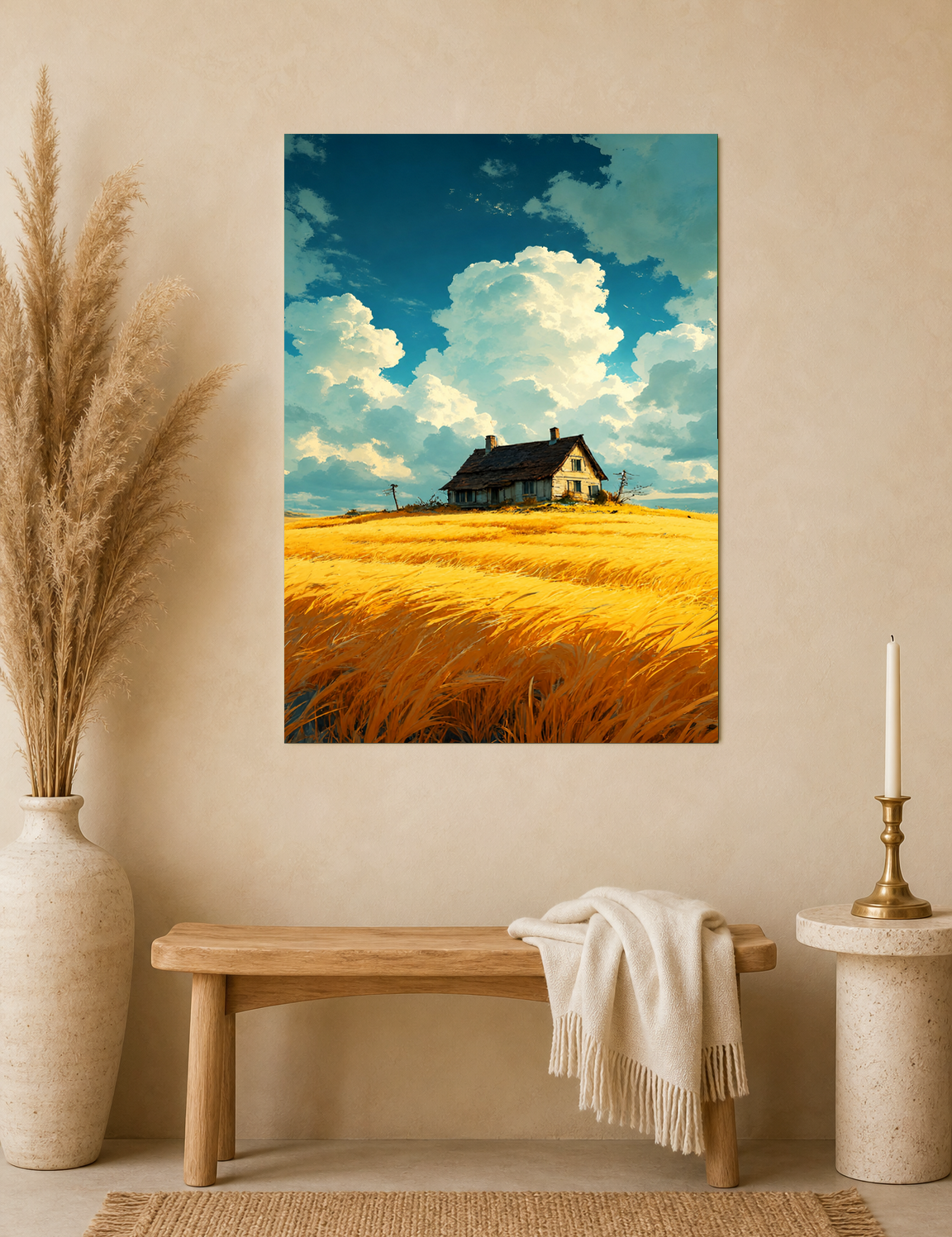 Golden Wheat Field Cottage Wall Art Print - unframed mockup