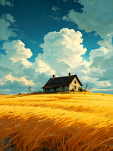 Golden Wheat Field Cottage Wall Art Print