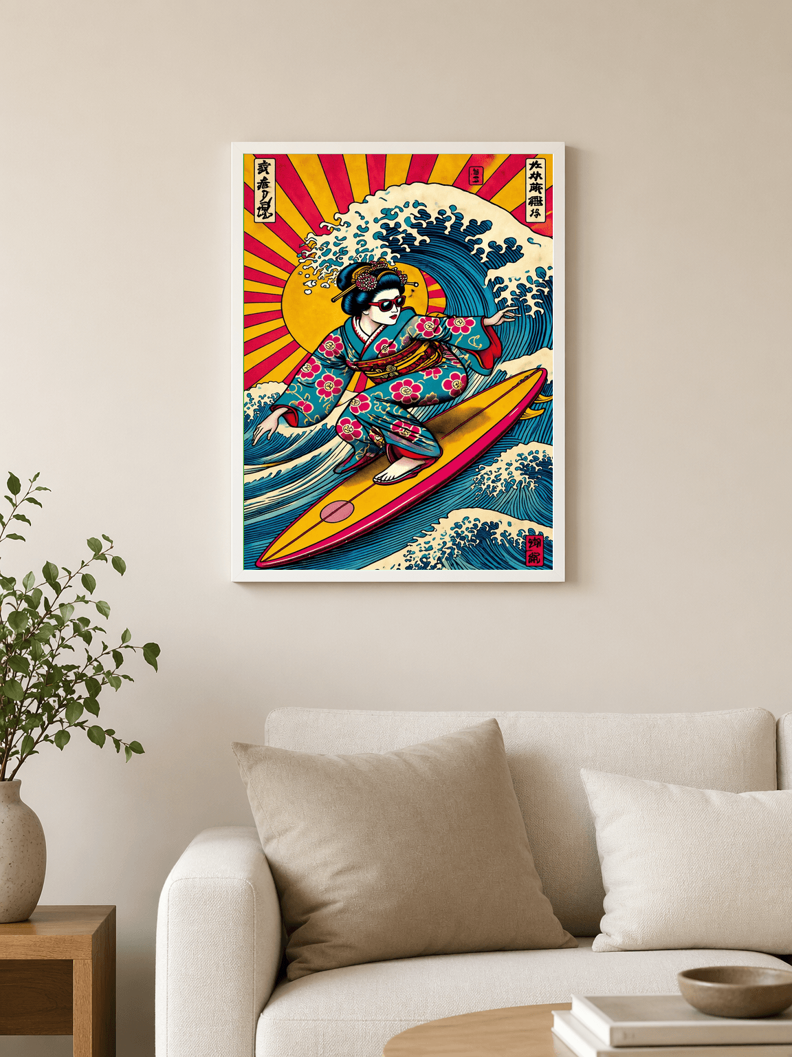 Retro Geisha Surfing Wave Wall Art Print - white framed