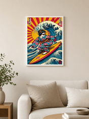 Retro Geisha Surfing Wave Wall Art Print - white framed