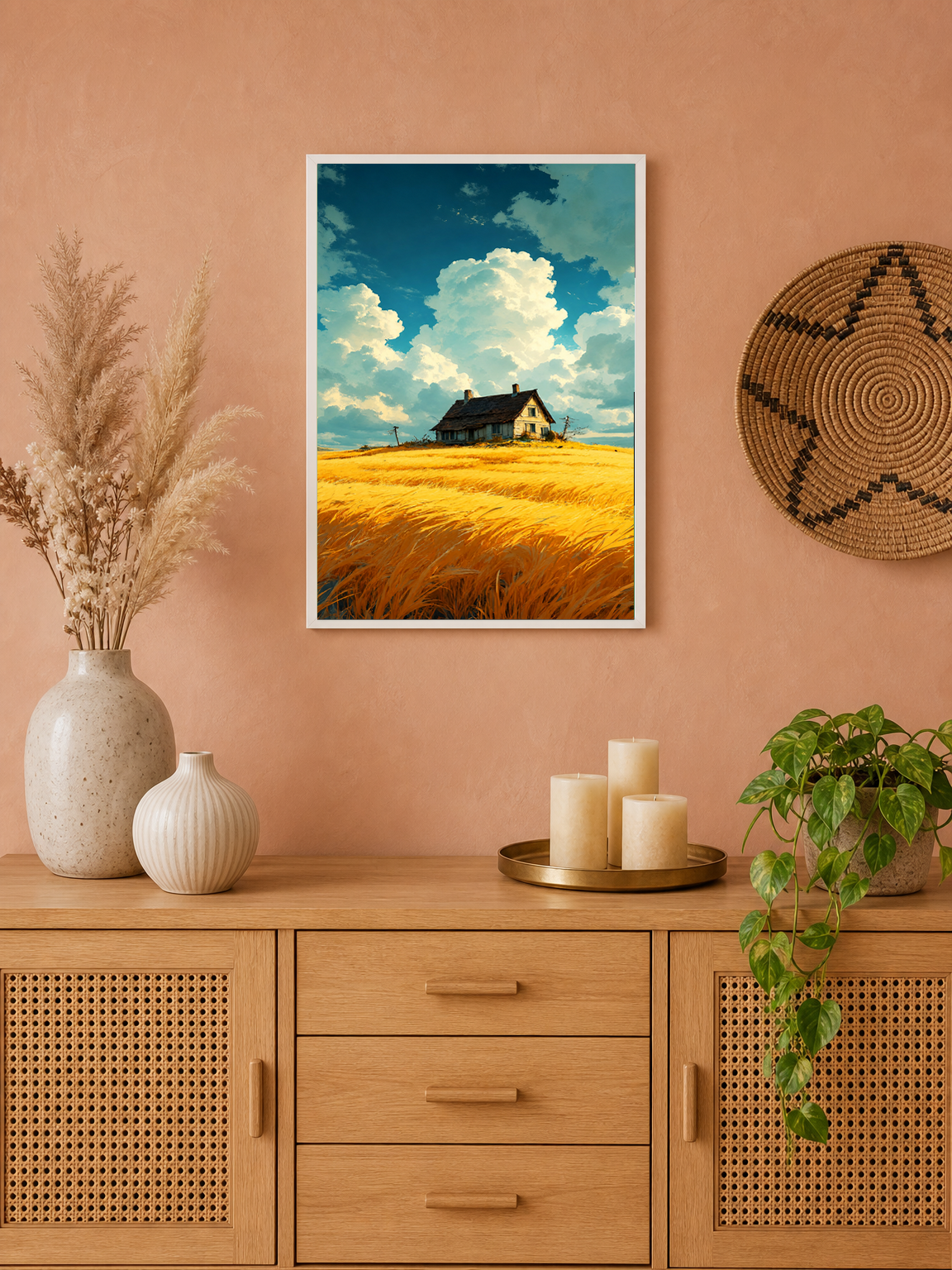 Golden Wheat Field Cottage Wall Art Print - white framed