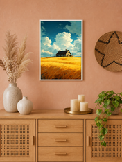 Golden Wheat Field Cottage Wall Art Print - white framed