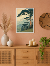 Japanese Mountain Landscape Wall Art Print - white framed