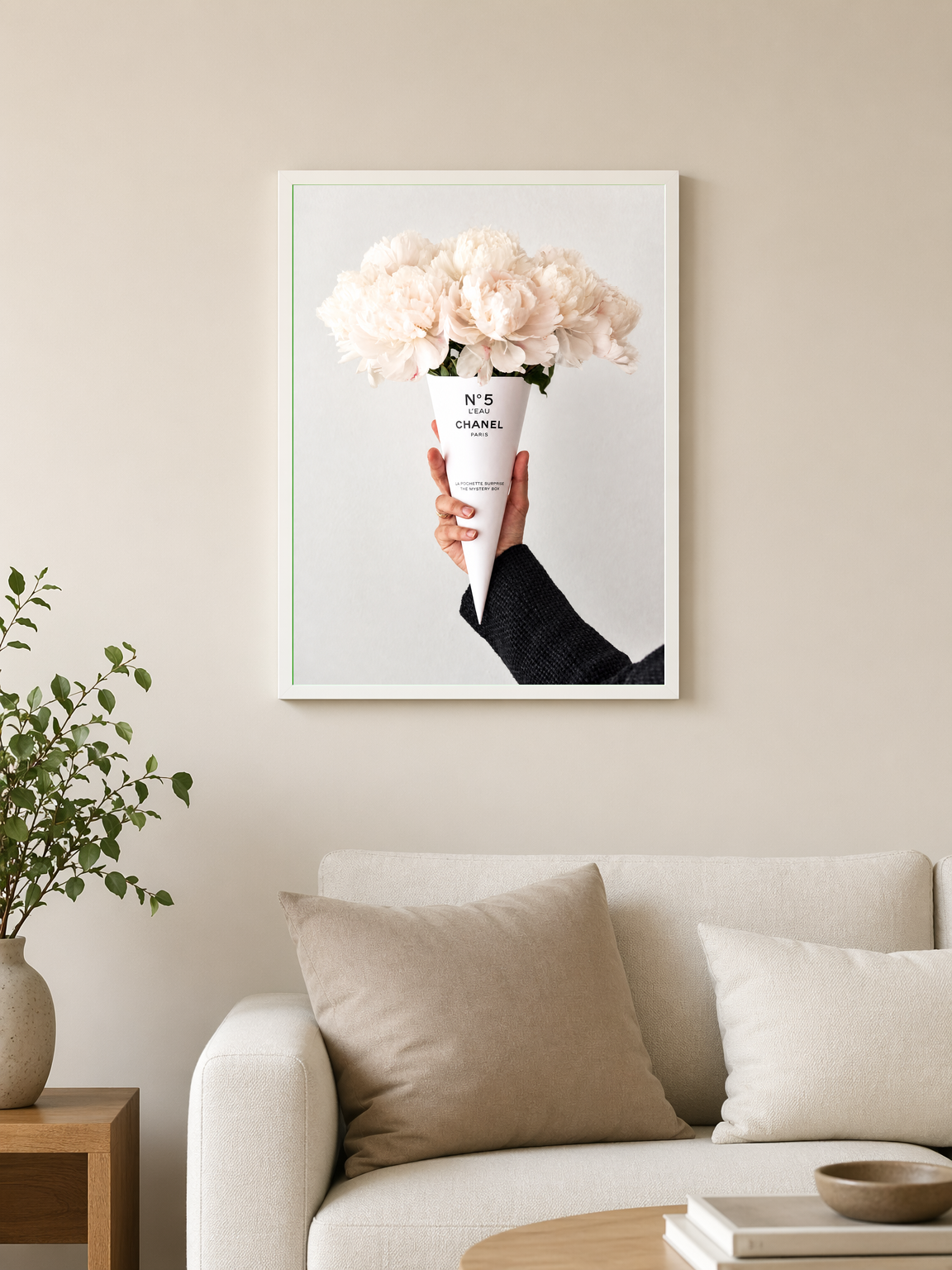 No.5 Peony Bouquet Wall Art Print - white framed