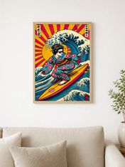 Retro Geisha Surfing Wave Wall Art Print - wood framed poster