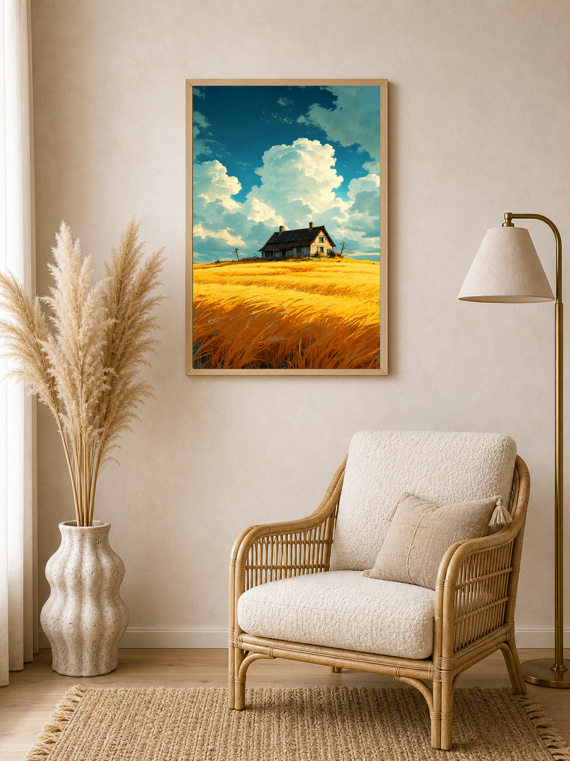 Golden Wheat Field Cottage Wall Art Print - wood framed poster