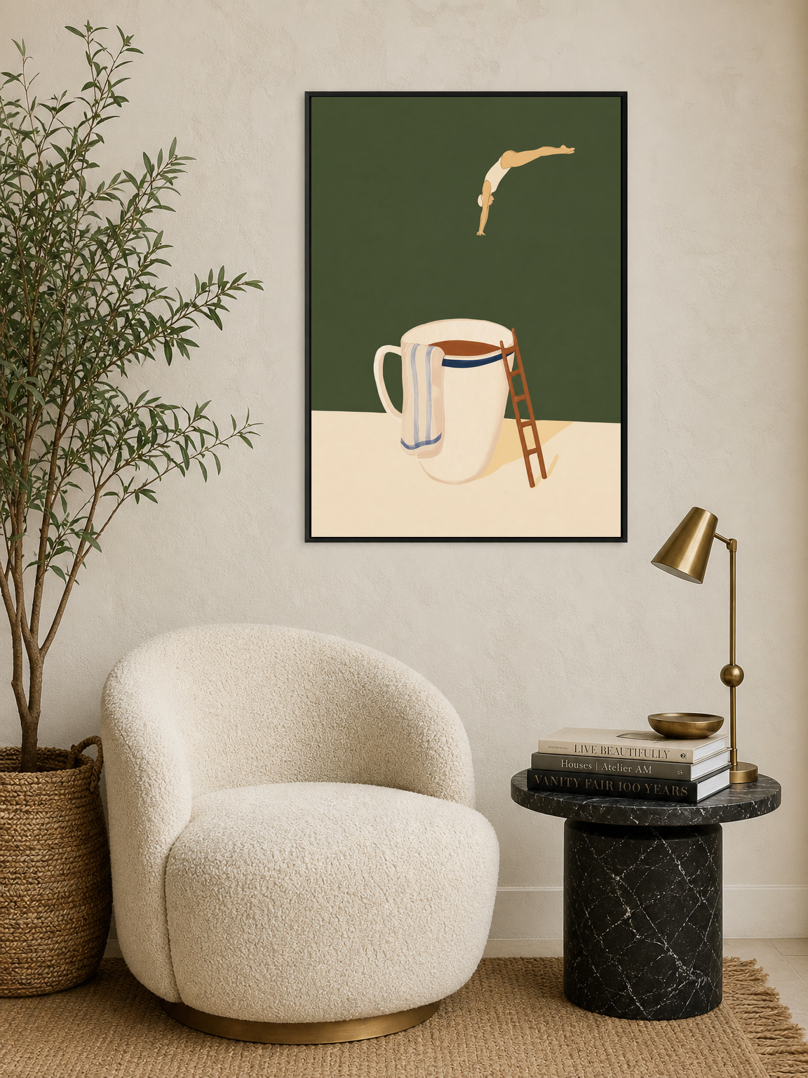 Minimal Swimmer Coffee Cup Wall Art Print - black framed