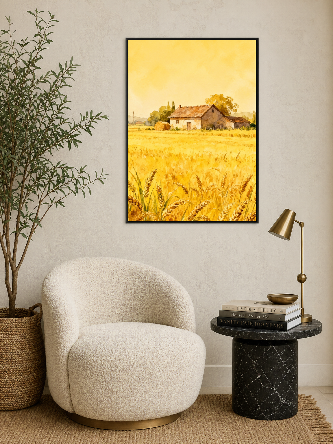 Golden Wheat Field Farmhouse Wall Art Print - black framed