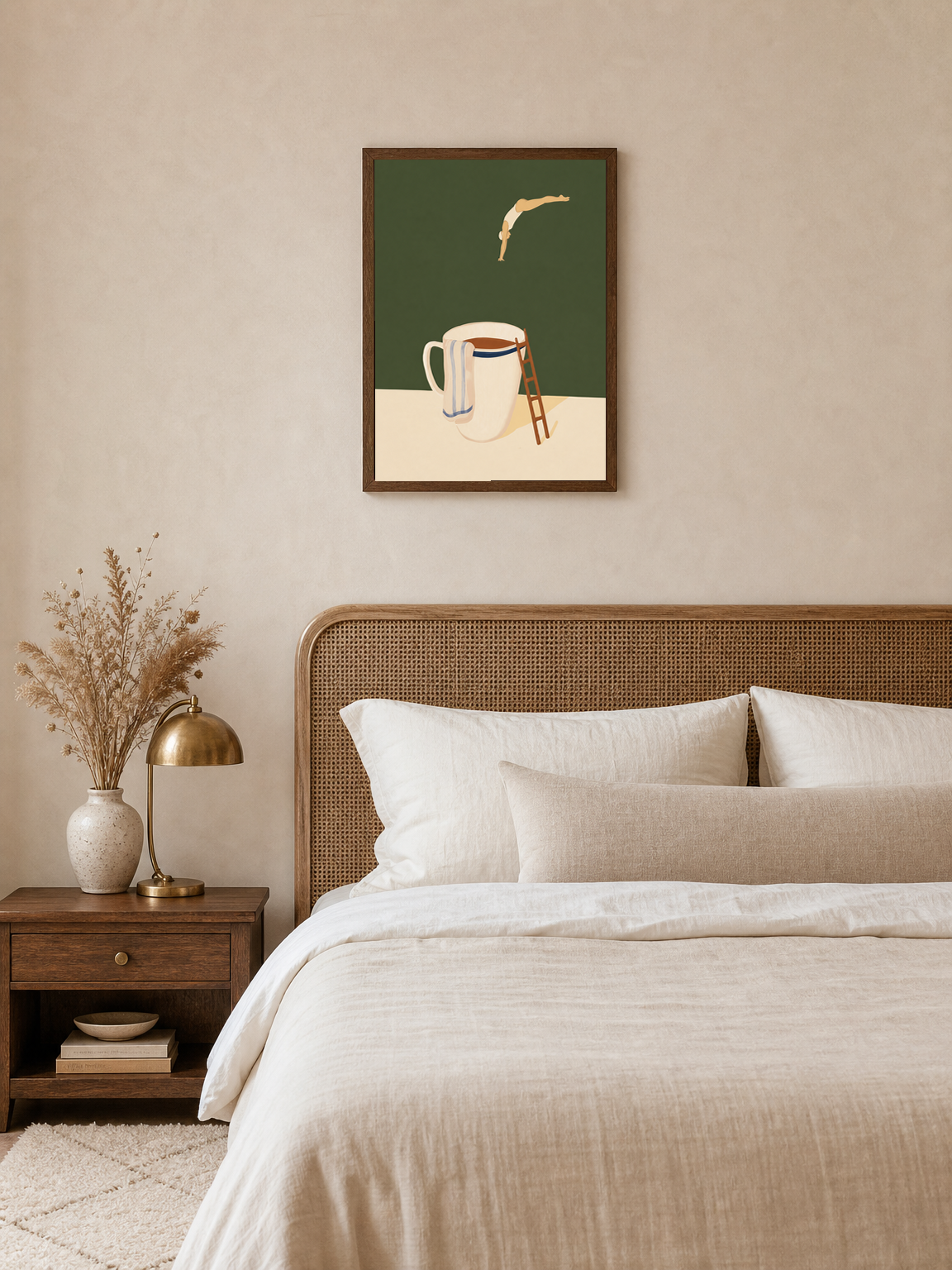 Minimal Swimmer Coffee Cup Wall Art Print - dark wood framed