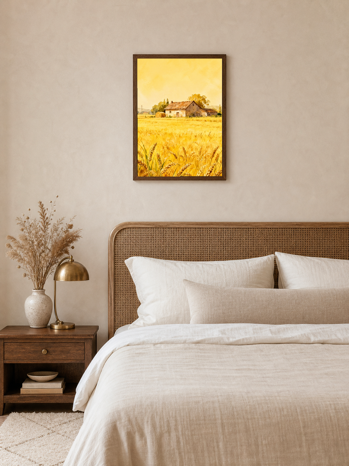 Golden Wheat Field Farmhouse Wall Art Print - dark wood framed