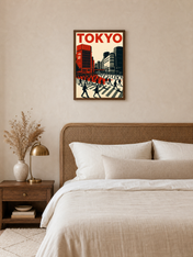 Tokyo City Crosswalk Wall Art Print - dark wood framed