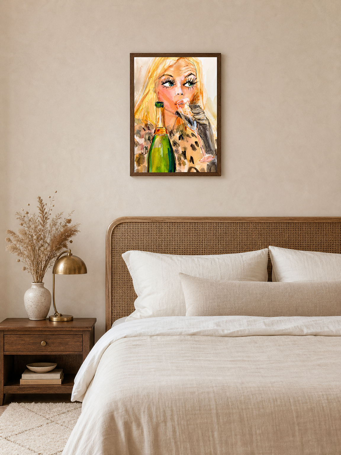 Glam Champagne Portrait Wall Art Print - dark wood framed
